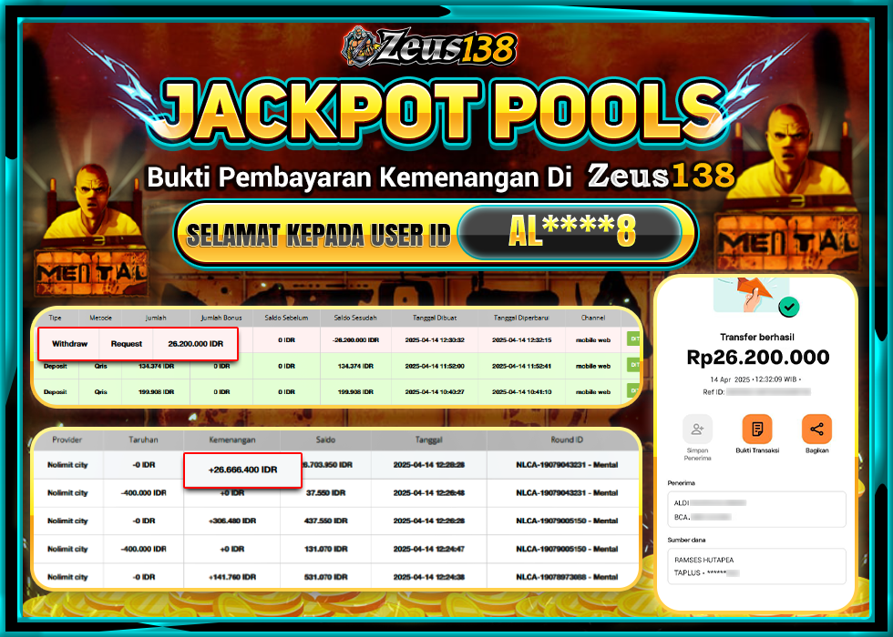 ZEUS138 MENTAL  Rp.26.200.000,- LUNAS